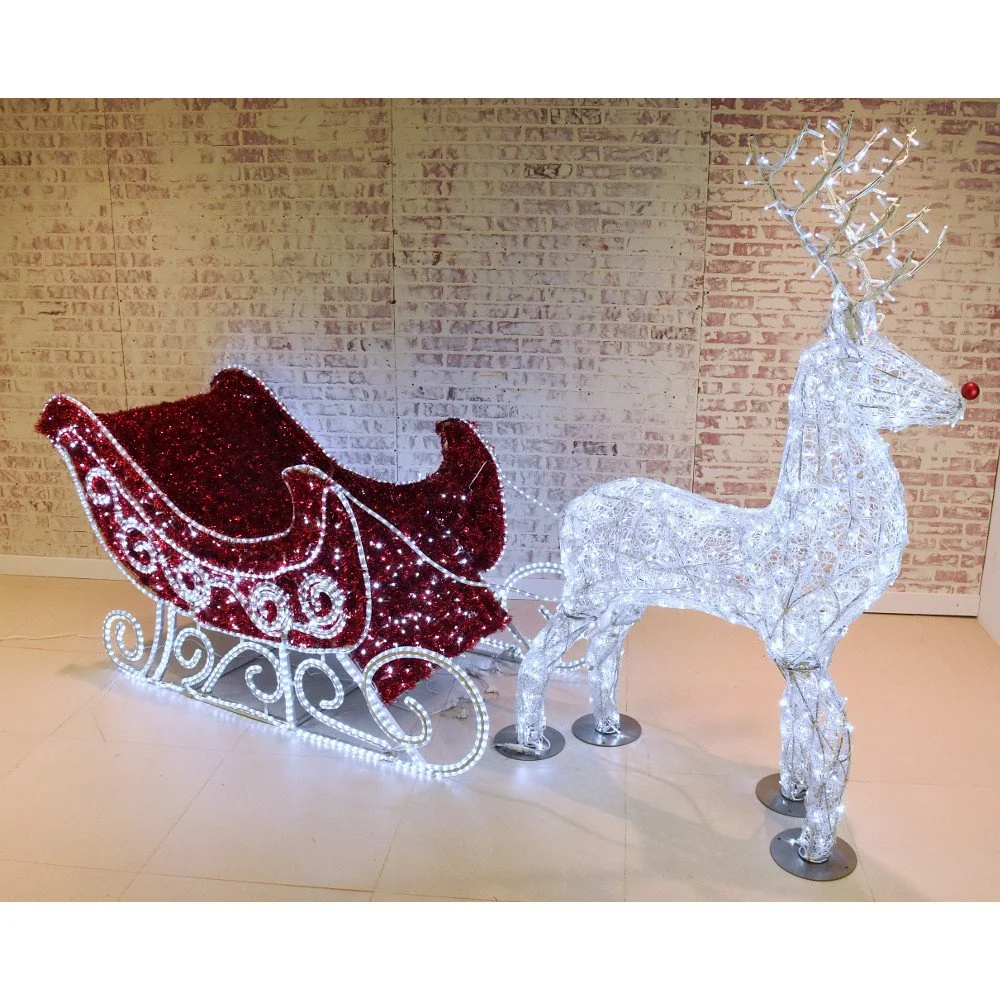 COMMERCIAL OUTDOOR LED LIT SLEIGH AND REINDEER