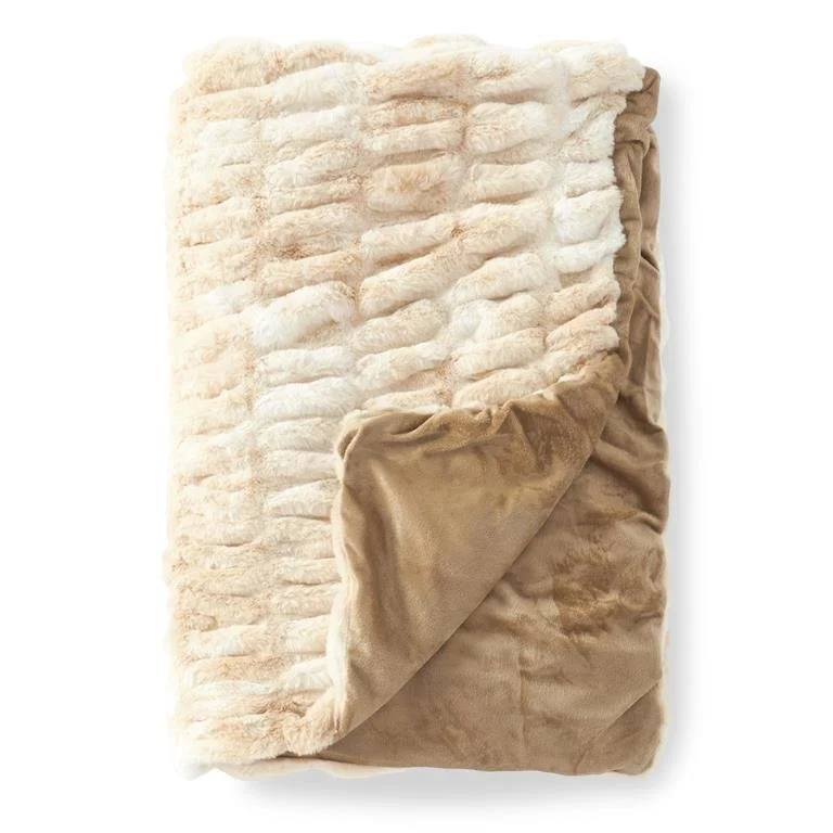 60" CREAM/ TAN RIBBED FAUX FUR THROW