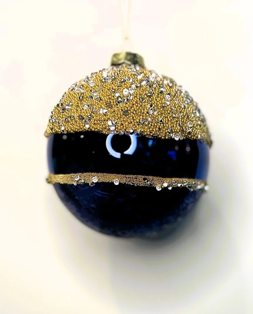 4" MIDNIGHT BLUE/ GOLD SEQUIN TOP GLASS ORNAMENT