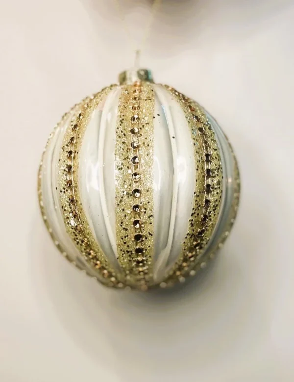 4" WHITE/ GOLD JEWELED STRIPE ORNAMENT