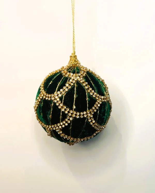 4" DARK GREEN/ GOLD JEWELED SCALLOPED VELVET ORNAMENT