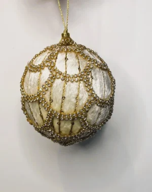 4" IVORY/ GOLD JEWELED SCALLOPED VELVET ORNAMENT
