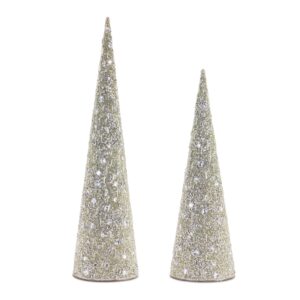 PLATINUM/ CHAMPAGNE BEADED/ JEWELED CONE TREE - SET OF 2