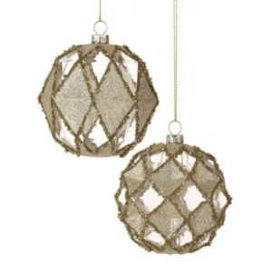 4" GOLD/ CLEAR BEADED ROYAL GLASS BALL ORNAMENT
