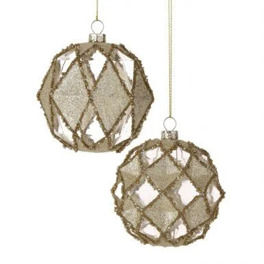 4" GOLD/ CLEAR BEADED ROYAL GLASS BALL ORNAMENT