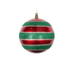 120MM RED/GREEN/ CHAMPAGNE GLITTER STRIPE BALL ORNAMENT