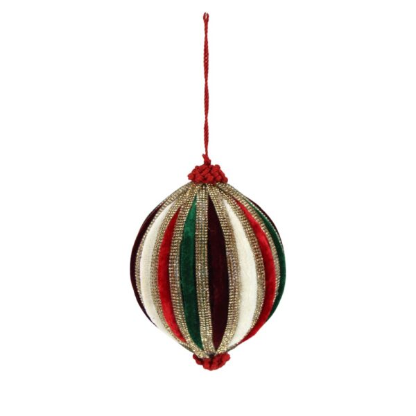 5" GREEN/ RED/ CREAM/ GOLD VELVET JEWEL BALL ORNAMENT