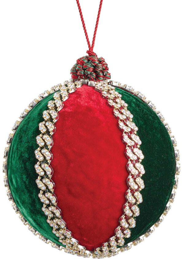 5" GREEN/ RED/ GOLD DIAMOND VELVET BALL ORNAMENT