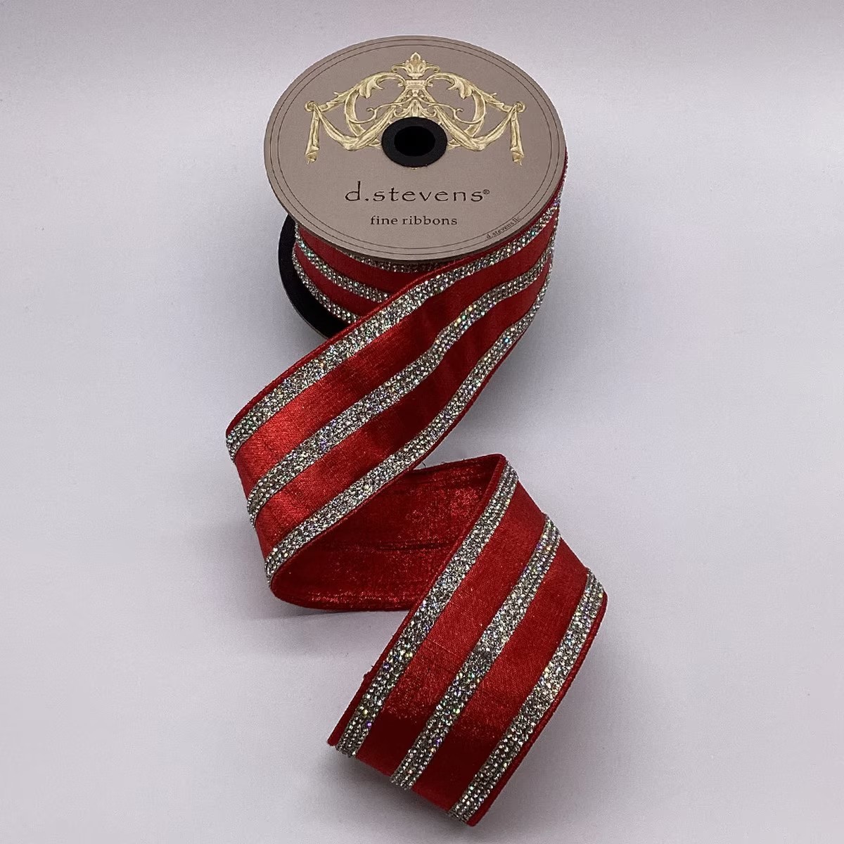 2.5"x5Y RED METALLIC DUPION WIRED RIBBON WITH CLEAR CRYSTAL JEWEL STRIPE