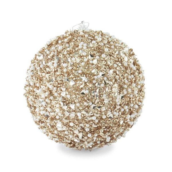 6" CHAMPAGNE GLITTER AND PEARL BEAD BALL ORNAMENT