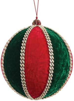 8" GREEN/ RED/ GOLD DIAMOND VELVET BALL ORNAMENT