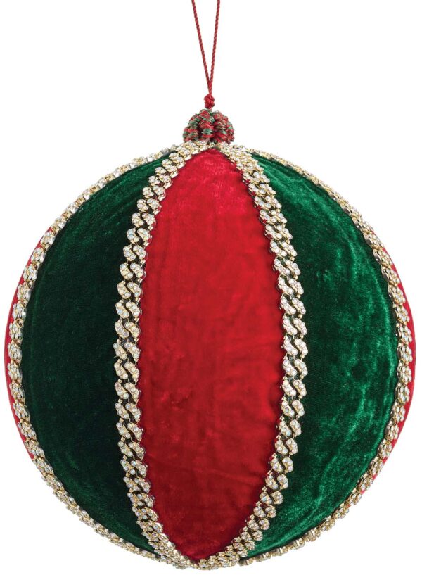 8" GREEN/ RED/ GOLD DIAMOND VELVET BALL ORNAMENT