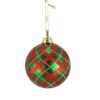 4.75" RED/GREEN/CHAMPAGNE GLITTER PLAID GLASS BALL ORNAMENT