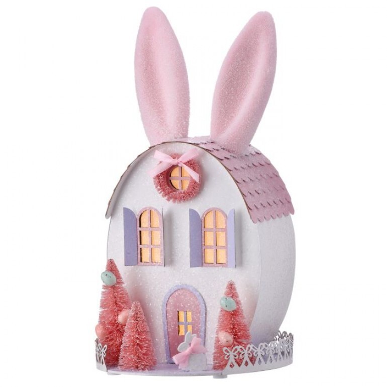 12.5" PINK & WHITE LED/BATTERY/TIMER CARDBOARD EASTER BUNNY HOUSE