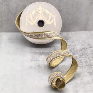 1"x5Y GOLD METALLIC DUPION WITH CLEAR DUCHESS JEWEL CENTER WIRED RIBBON