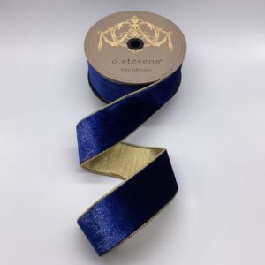2.5"x10Y NAVY BLUE ICE VELVET WITH METALLIC GOLD BACK WIRED RIBBON