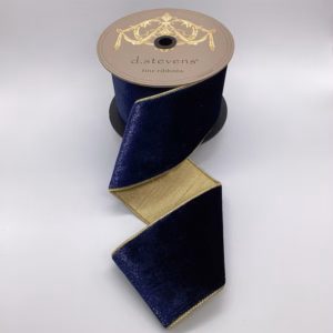 4"x10Y NAVY BLUE ICE VELVET WITH METALLIC GOLD BACK WIRED RIBBON