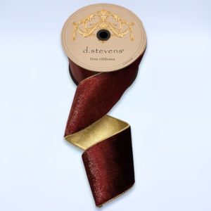 4"x10Y BURGUNDY ICE VELVET WITH METALLIC GOLD BACK WIRED RIBBON