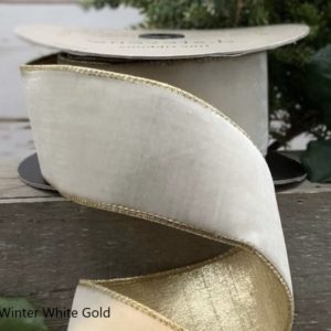 4"x10Y WINTER WHITE LUSH VELVET WITH METALLIC GOLD BACK WIRED RIBBON