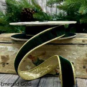 1"x10Y EMERALD LUSH VELVET WITH METALLIC GOLD BACK WIRED RIBBON