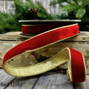 1"x10Y RED LUSH VELVET WITH METALLIC GOLD BACK WIRED RIBBON