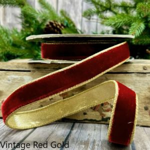 1"x10Y VINTAGE RED LUSH VELVET WITH METALLIC GOLD BACK WIRED RIBBON
