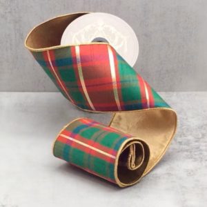 4"x10Y RED/GREEN/ GOLD DUPION ABERDEEN PLAID WIRED RIBBON WITH METALLIC GOLD EDGE