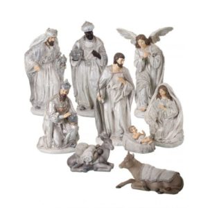 4-10" IVORY/ SILVER RESIN BEJEWELED NATIVITY - SET OF 9