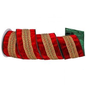 4"x5Y RED, GREEN, GOLD SCROLL JEWEL VELVET WIRED RIBBON