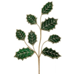 27" DARK GREEN BEADED VELVET LEAF SPRAY