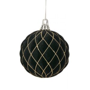 150MM BLACK VP FLOCKED WITH GLITTER DIAMOND DESIGN BALL ORNAMENT - BOX OF 2