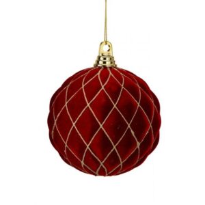 150MM BURGUNDY VP FLOCKED WITH GLITTER DIAMOND DESIGN BALL ORNAMENT - BOX OF 2