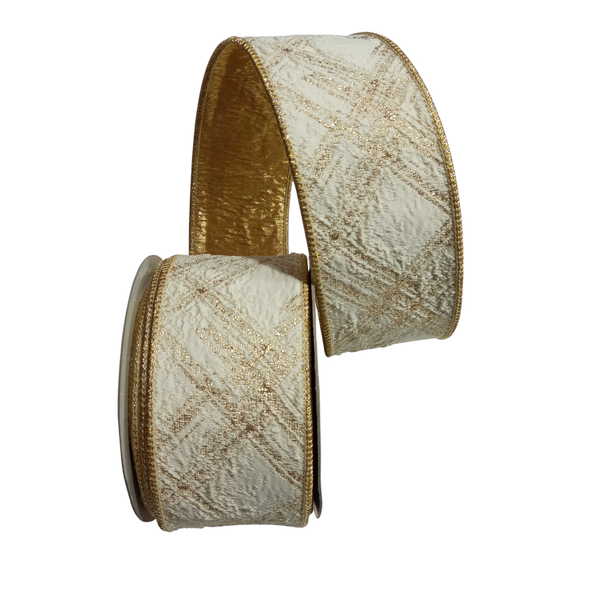 2.5"x10Y IVORY / GOLD JAQUARD METALLIC WIRED RIBBON