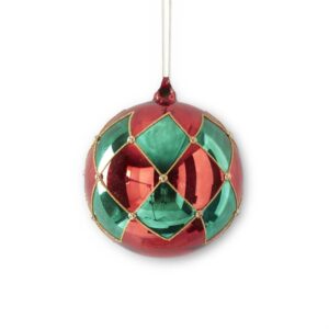 RED/ HOLIDAY GREEN HARLEQUIN GOLD GLITTERED ROUND ORNAMENT