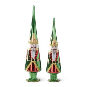 RED/ GREEN NUTCRACKER GLASS CONE TREES - SET OF TWO