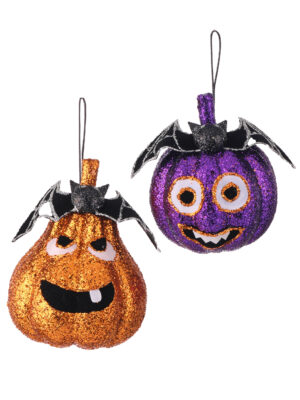 5-6" GLITTER PUMPKIN WITH BAT ORNAMENT