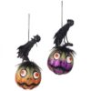 8" BLACK/ ORANGE/ PURPLE GLITTER PUMPKIN WITH BLACK CROW ORNAMENT