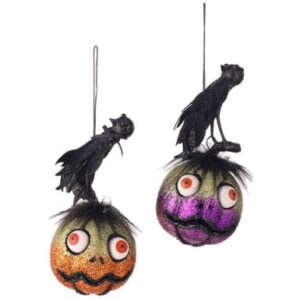8" BLACK/ ORANGE/ PURPLE GLITTER PUMPKIN WITH BLACK CROW ORNAMENT
