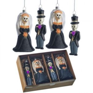 5.5" GLASS BRIDE/ GROOM SKELETON ORNAMENTS - BOX OF 4