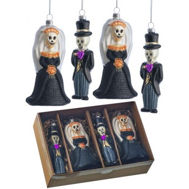 5.5" GLASS BRIDE/ GROOM SKELETON ORNAMENTS - BOX OF 4