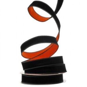 1"x10Y ORANGE/ BLACK HALLOWEEN VELVET WIRED RIBBON