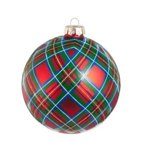 5" RED/GREEN/ BLUE GLASS PLAID BALL ORNAMENT