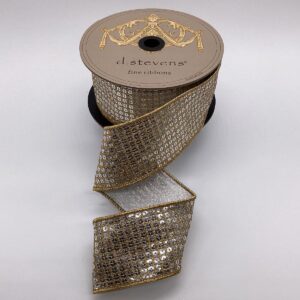 2.5"x10Y GOLD/ SILVER METALLIC SILVER FLASH SEQUINS WITH GOLD EDGE WIRED RIBBON