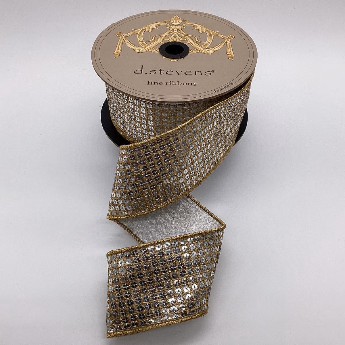 2.5"x10Y GOLD/ SILVER METALLIC SILVER FLASH SEQUINS WITH GOLD EDGE WIRED RIBBON